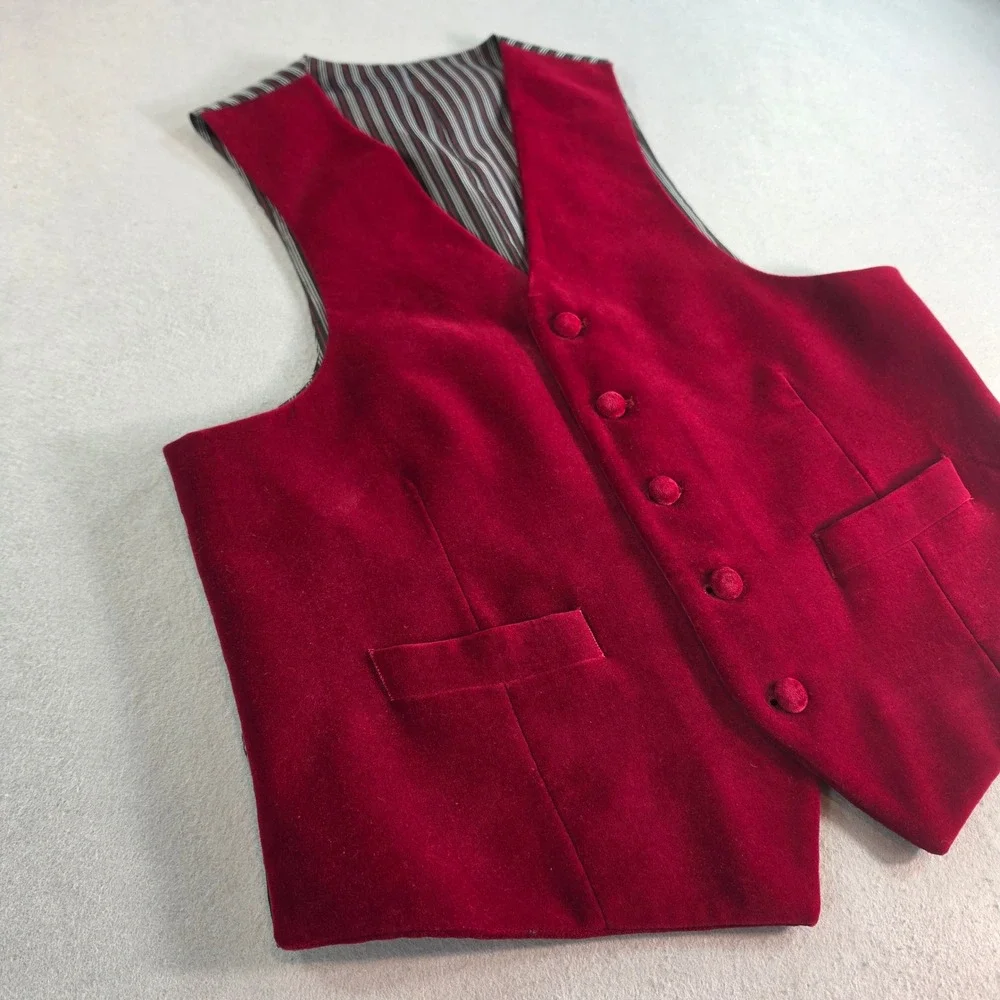 Vintage Red Velvet Waistcoat Vest Mens Striped Back Cinch Formal Holiday Red
